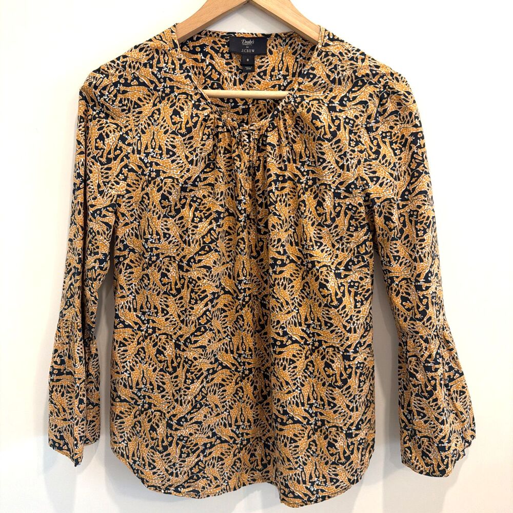 J Crew Drakes of London Top Womens Sz 8 Blue Orange Giraffes Cotton Flare Sleeve